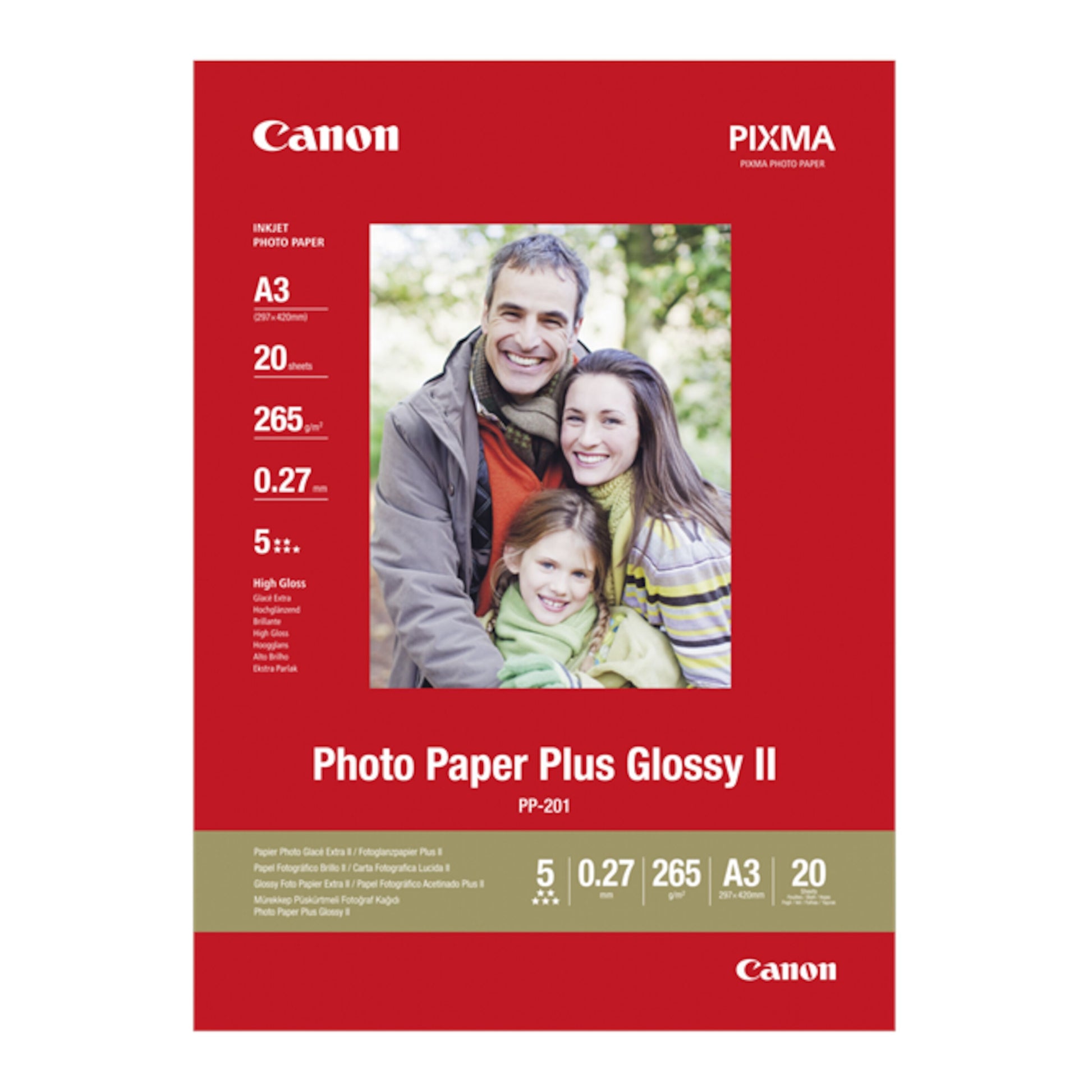 Canon Plus Glossy II Fotopapir A3 20-pak til blækstråleprinter, familie på forsiden og info på rød baggrund.