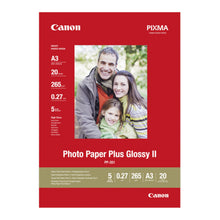 Canon Plus Glossy II Fotopapir A3 20-pak til blækstråleprinter, familie på forsiden og info på rød baggrund.