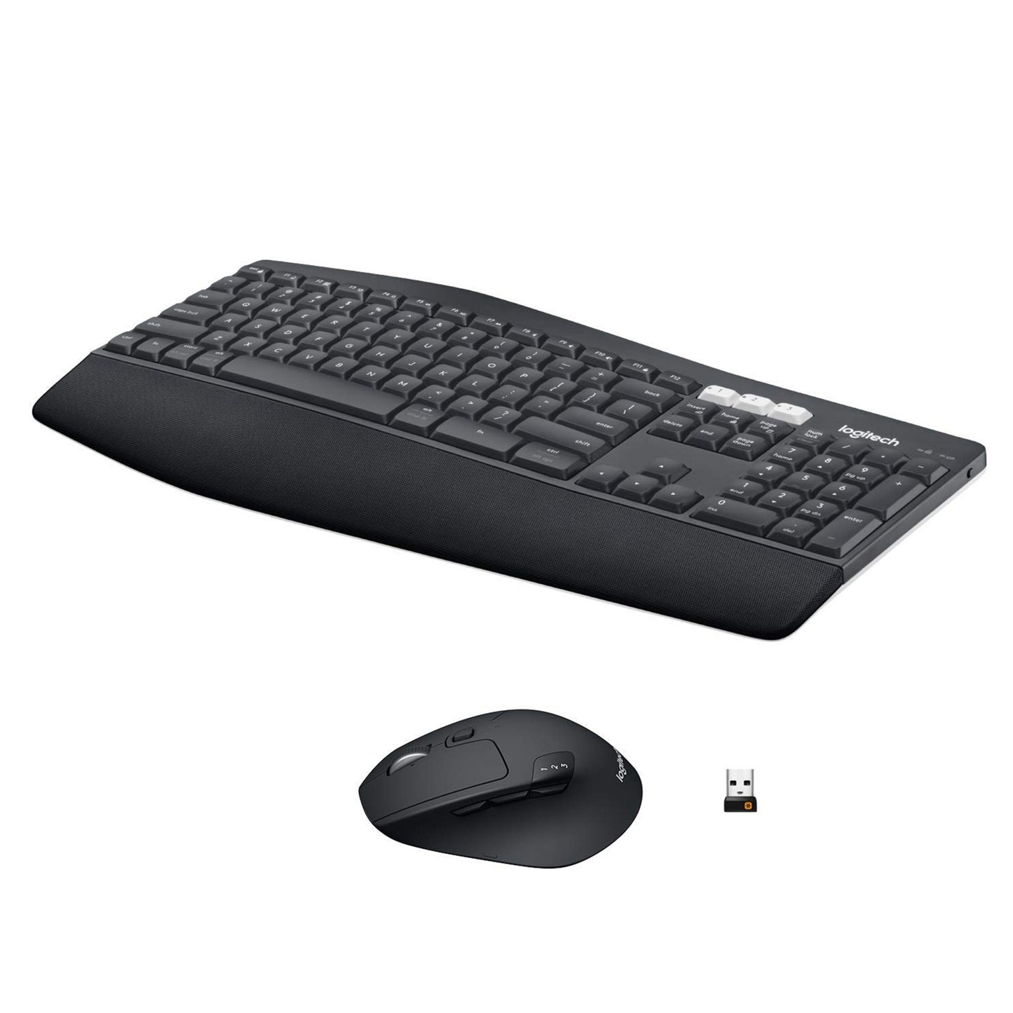 Logitech MK850 trådløst tastatur og mus nordisk layout håndledsstøtte USB-modtager.