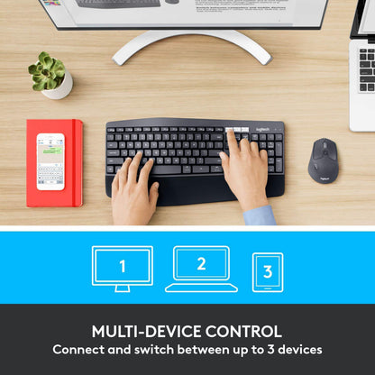 Logitech MK850 trådløst tastatur og nordisk layout, synlig MULTI-DEVICE CONTROL til op til 3 enheder.
