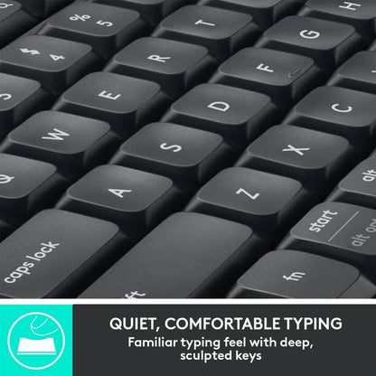 Logitech MK850 trådløst tastatur og mus, sort, dybe taster, nordisk layout, modelnavn synligt.