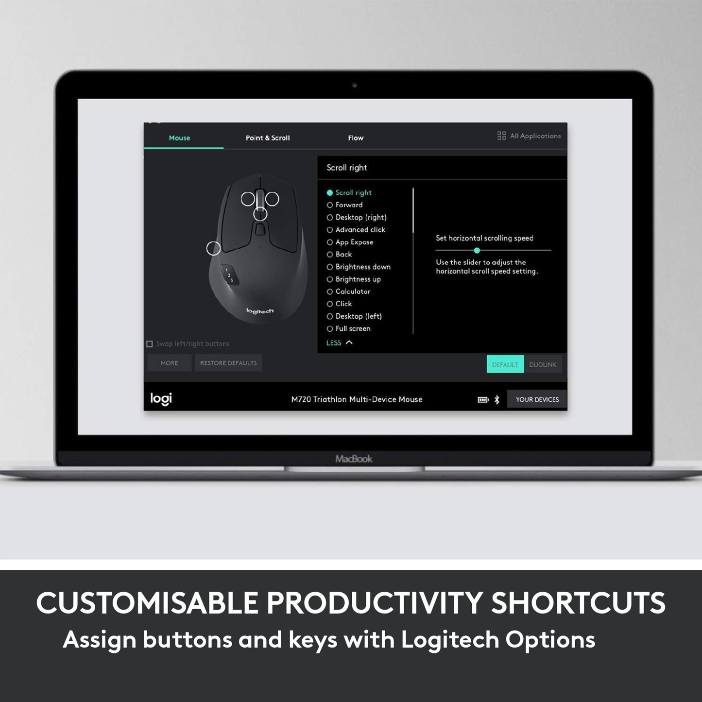 MacBook med Logitech Options software og Logitech MK850 trådløst tastatur og mus nordisk layout vises på skærmen.