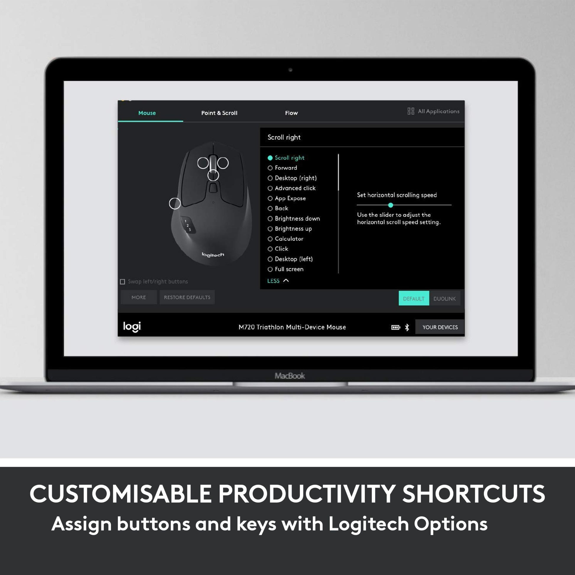 MacBook med Logitech Options software og Logitech MK850 trådløst tastatur og mus nordisk layout vises på skærmen.