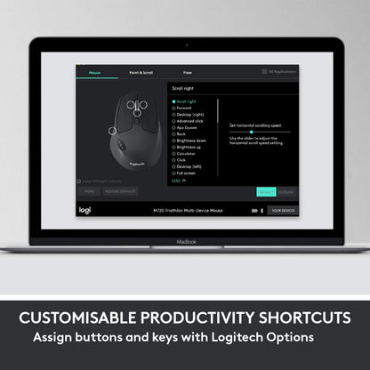 MacBook med Logitech Options software og Logitech MK850 trådløst tastatur og mus nordisk layout vises på skærmen.