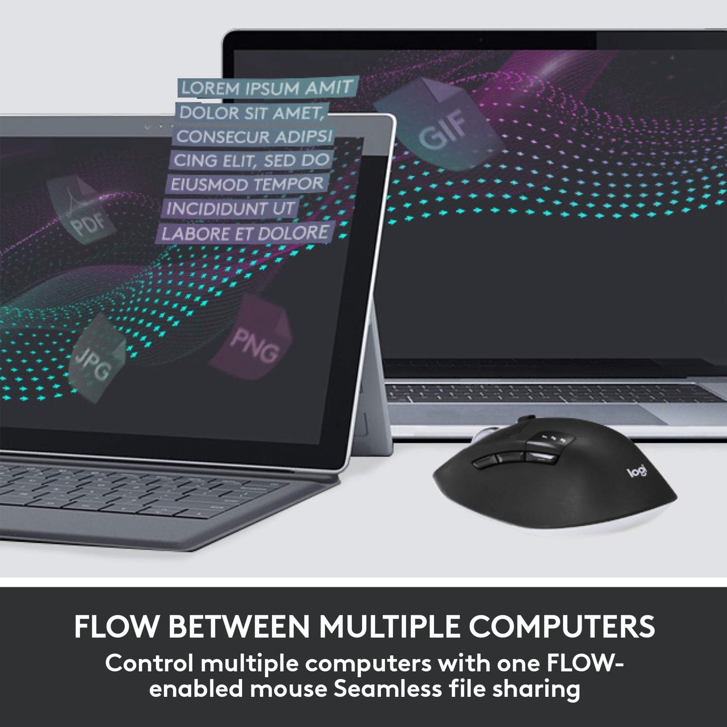 Logitech MK850 trådløst tastatur og mus, to laptops, filikoner (PDF, JPG, PNG, GIF), svævende linjer.