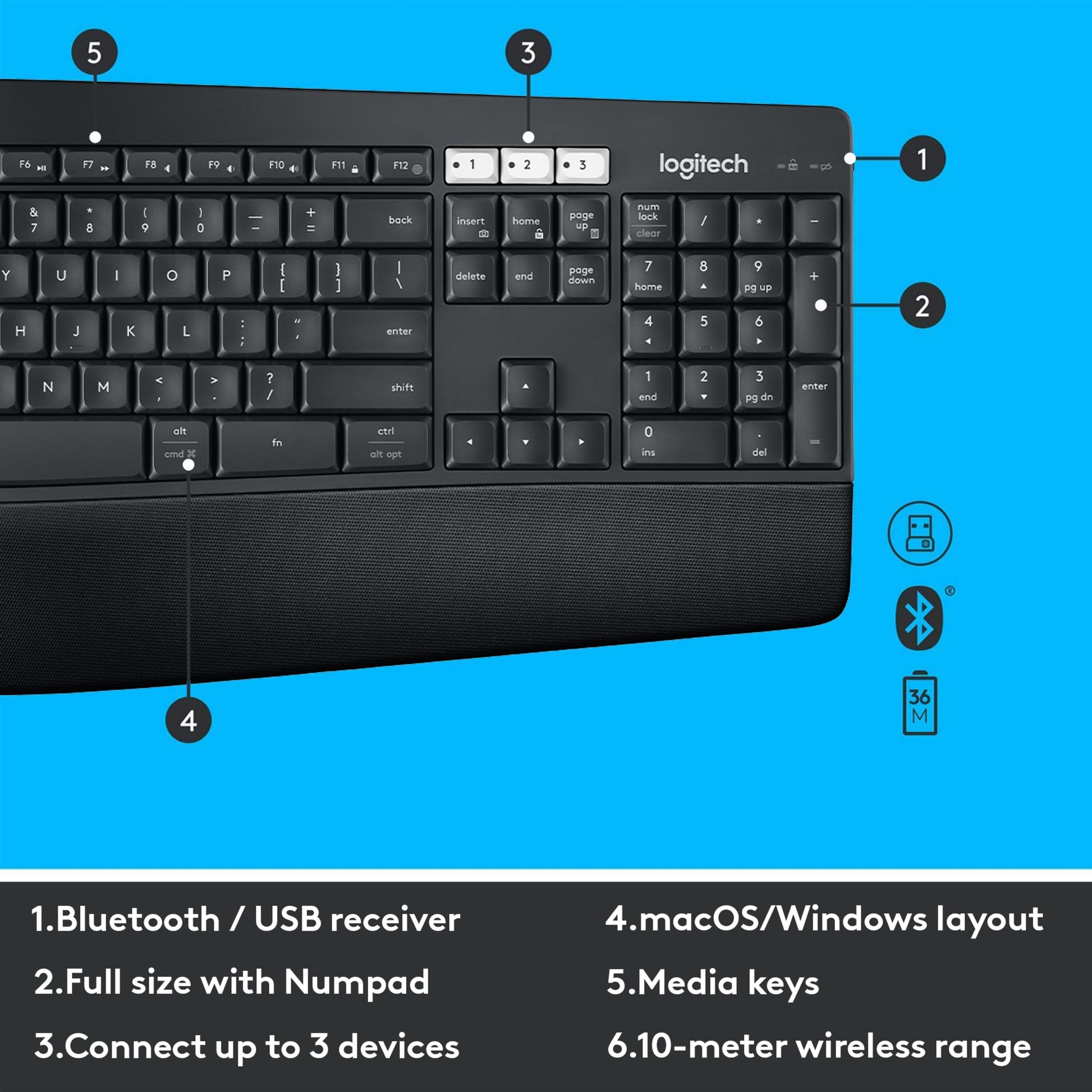 Logitech MK850 sort trådløst tastatur og mus med håndledsstøtte, nordisk layout, numpad, Bluetooth/USB, 3 enheder.