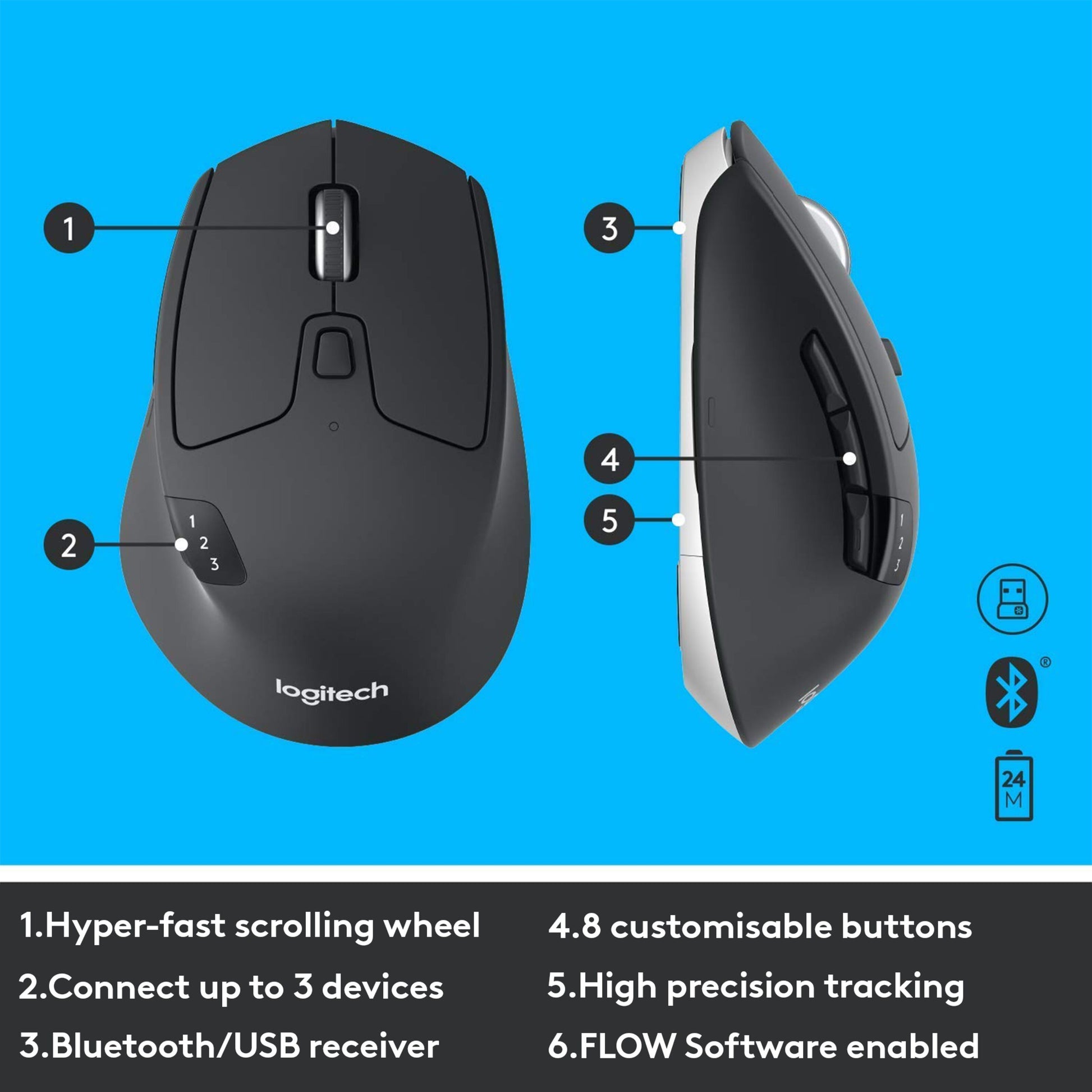 Logitech MK850 trådløst tastatur og mus, nordisk layout, hyperhurtig scroll, multi-device, Bluetooth/USB, sorte.