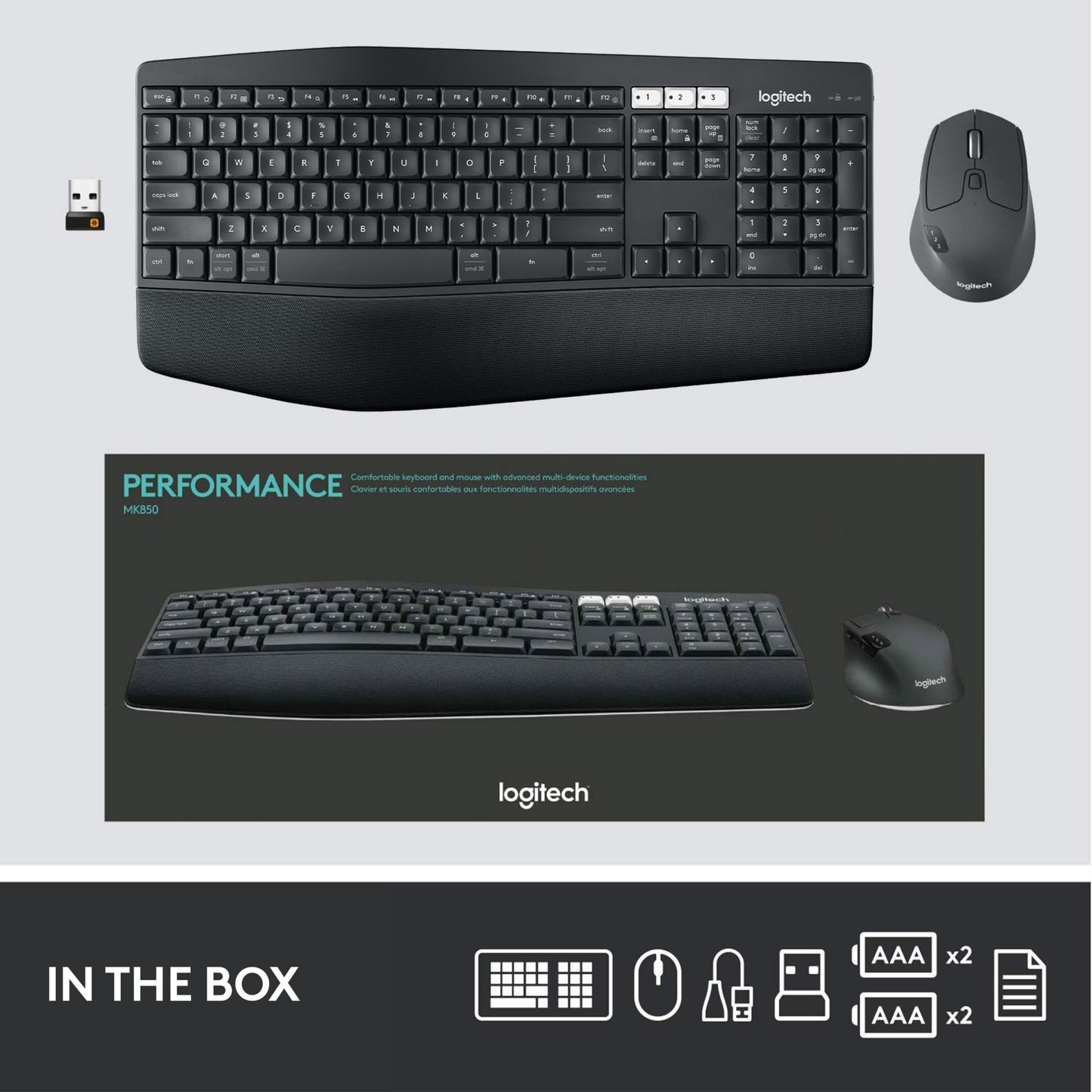 Logitech MK850 trådløst tastatur og mus nordisk layout med USB-modtager, 4 AAA-batterier og produktæske.