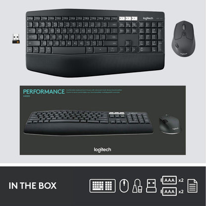 Logitech MK850 trådløst tastatur og mus nordisk layout med USB-modtager, 4 AAA-batterier og produktæske.
