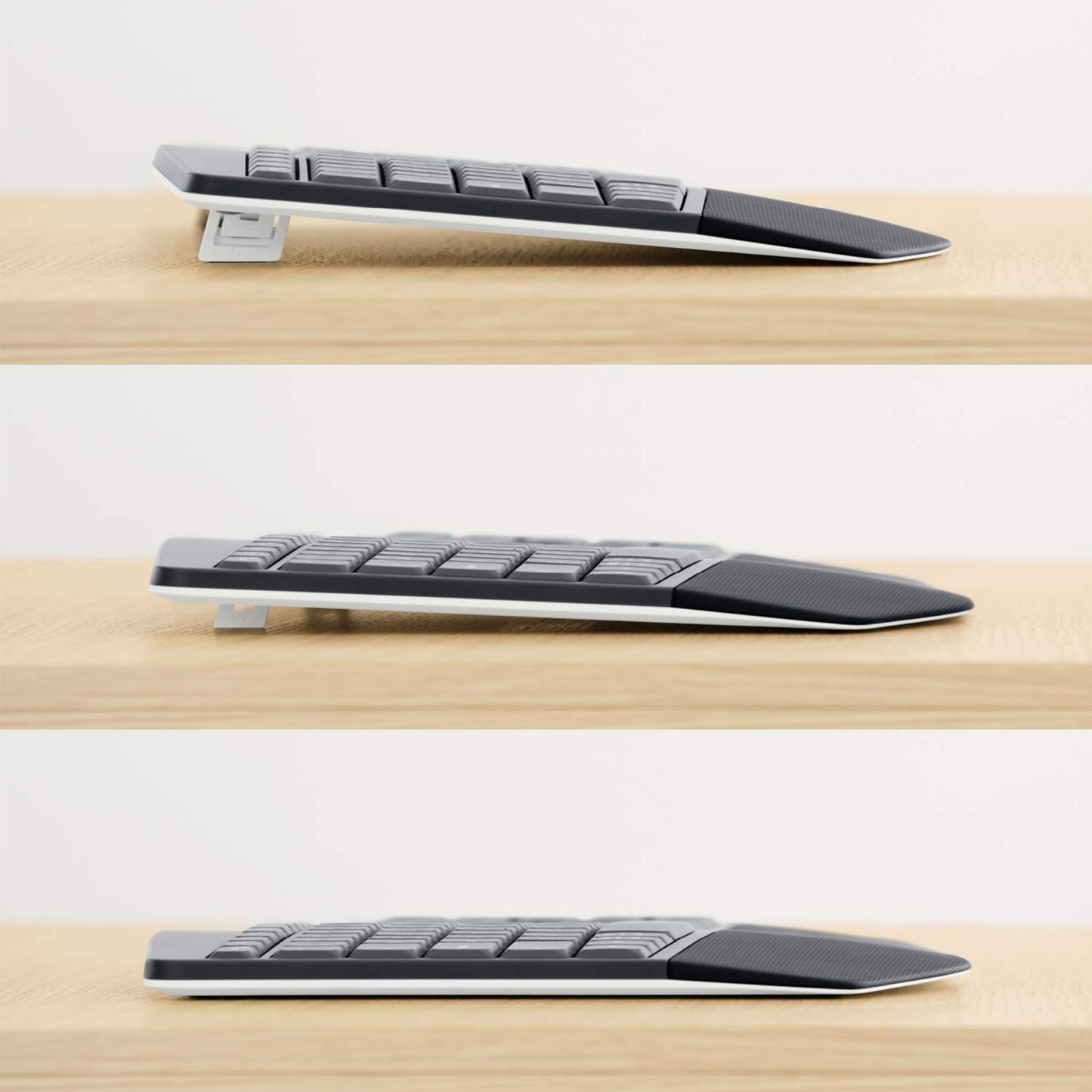Logitech MK850 trådløst tastatur og mus nordisk layout fladt, delvist og fuldt hævet på træbord.