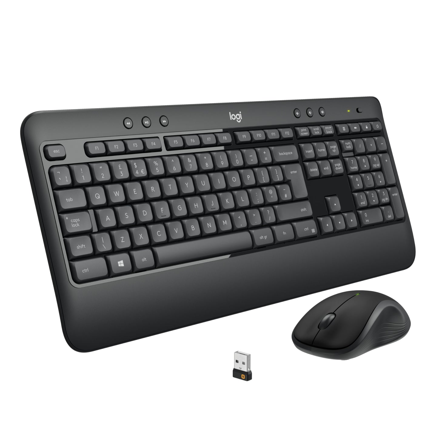 Logitech MK540 trådløst tastatur og mus med ergonomisk håndledsstøtte og kompakt USB-modtager.