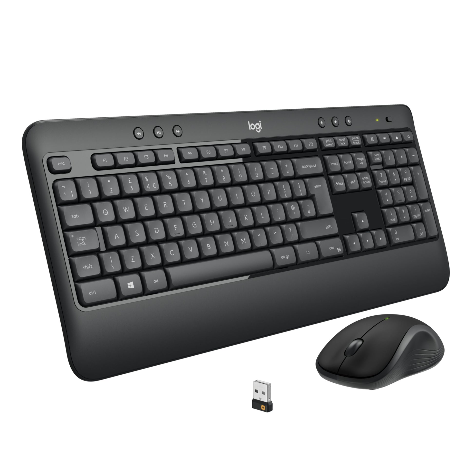 Logitech MK540 trådløst tastatur og mus med ergonomisk håndledsstøtte og kompakt USB-modtager.