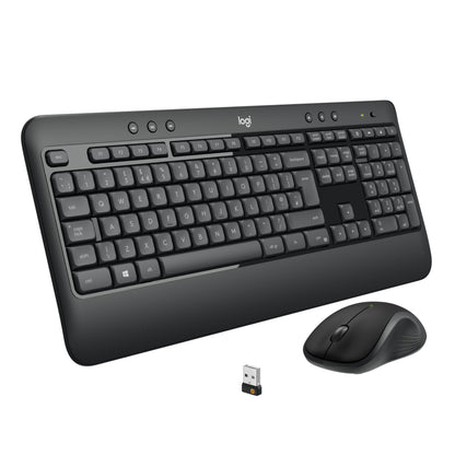 Logitech MK540 trådløst tastatur og mus med ergonomisk håndledsstøtte og kompakt USB-modtager.