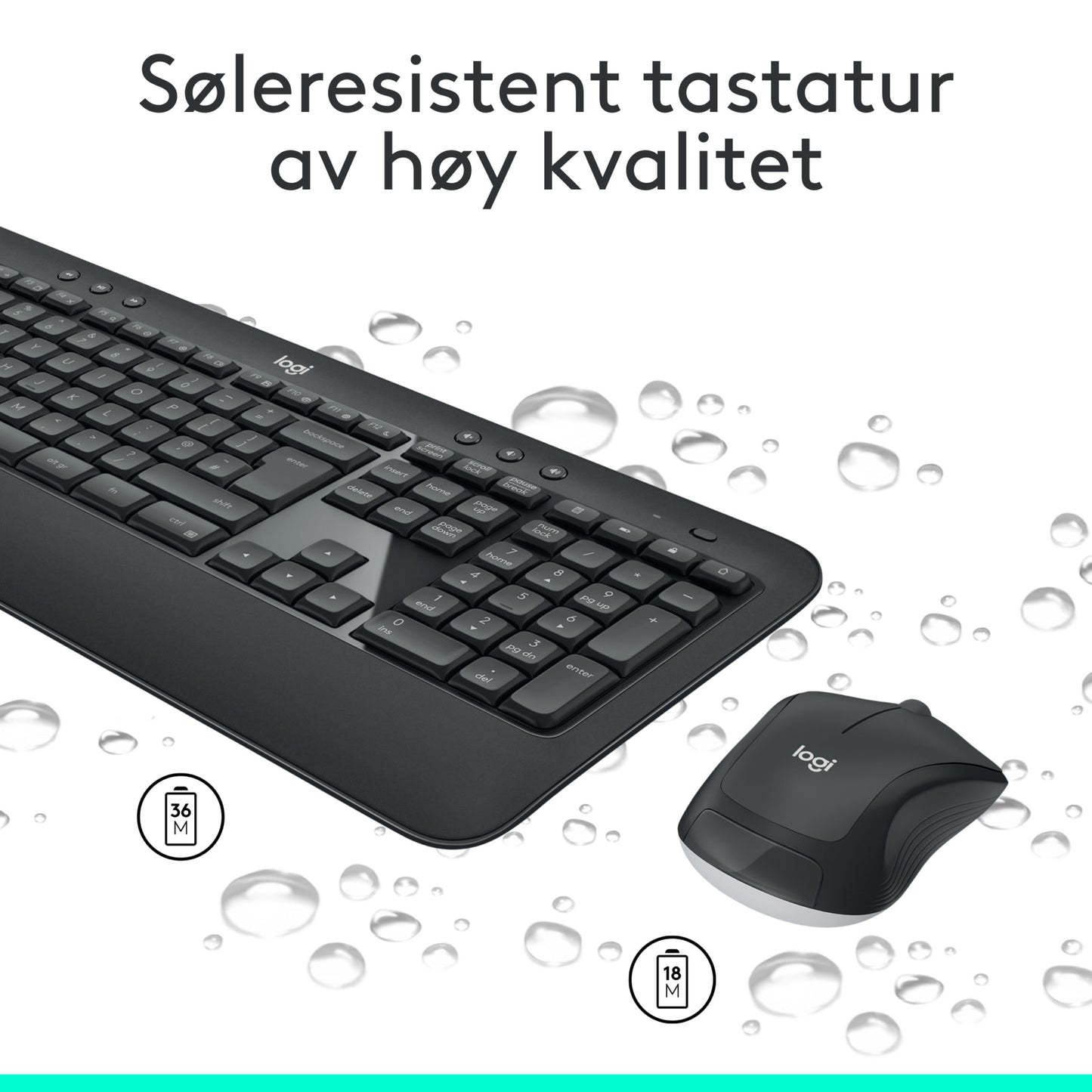 Logitech MK540 trådløst tastatur og mus med norske ord "Søleresistent tastatur av høy kvalitet" og vanddråber.