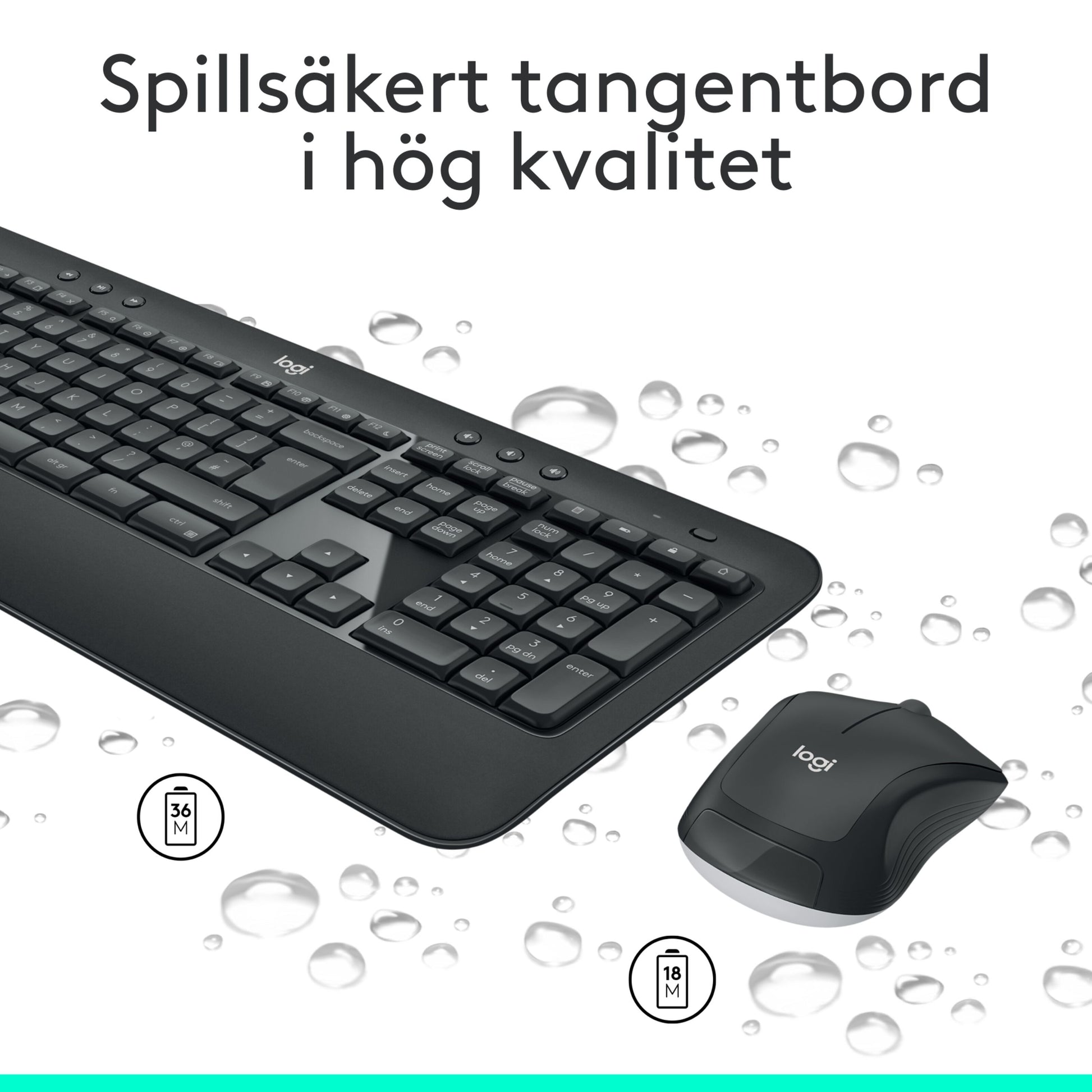 Logitech MK540 sorterer trådløst tastatur og mus med ergonomisk håndledsstøtte, svensk tekst: Spillsäkert tangentbord.