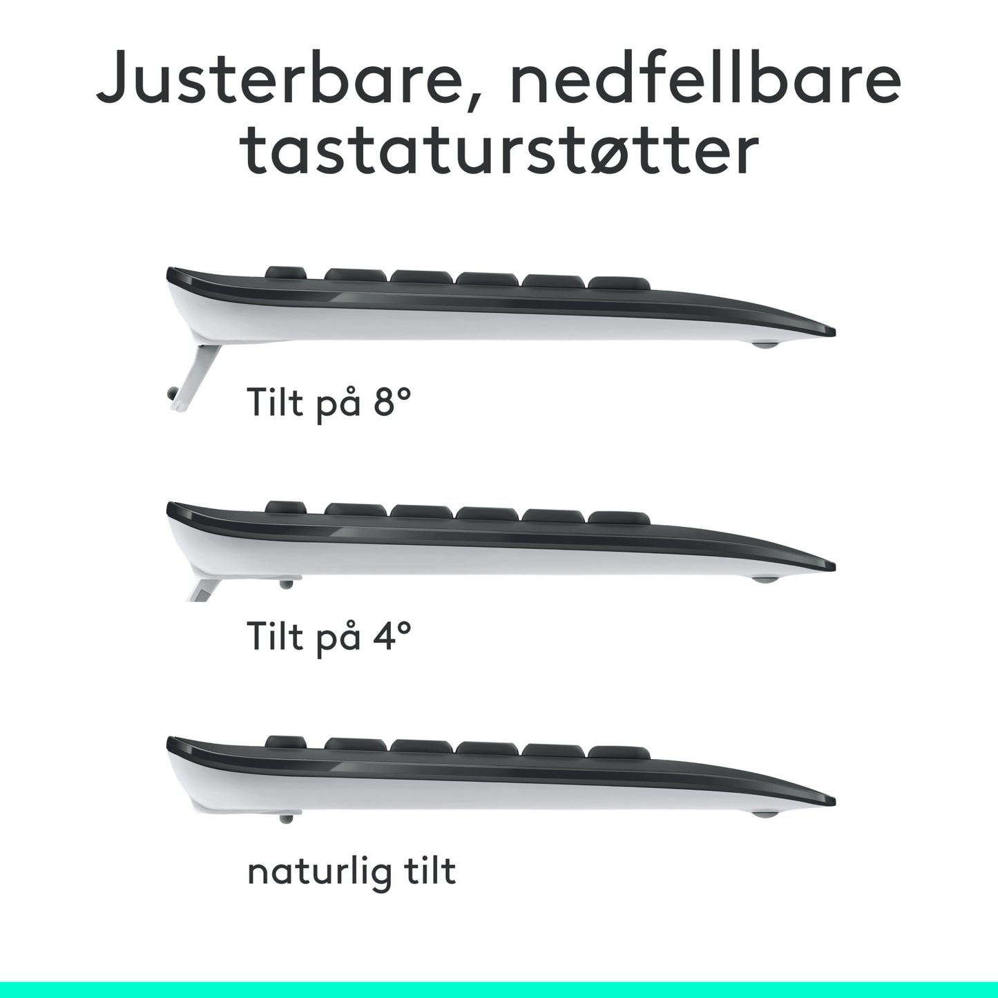 Logitech MK540 trådløst tastatur og mus, tre justerbare tilt-vinkler 8°, 4° og neutral, ergonomisk håndledsstøtte, norsk tekst.
