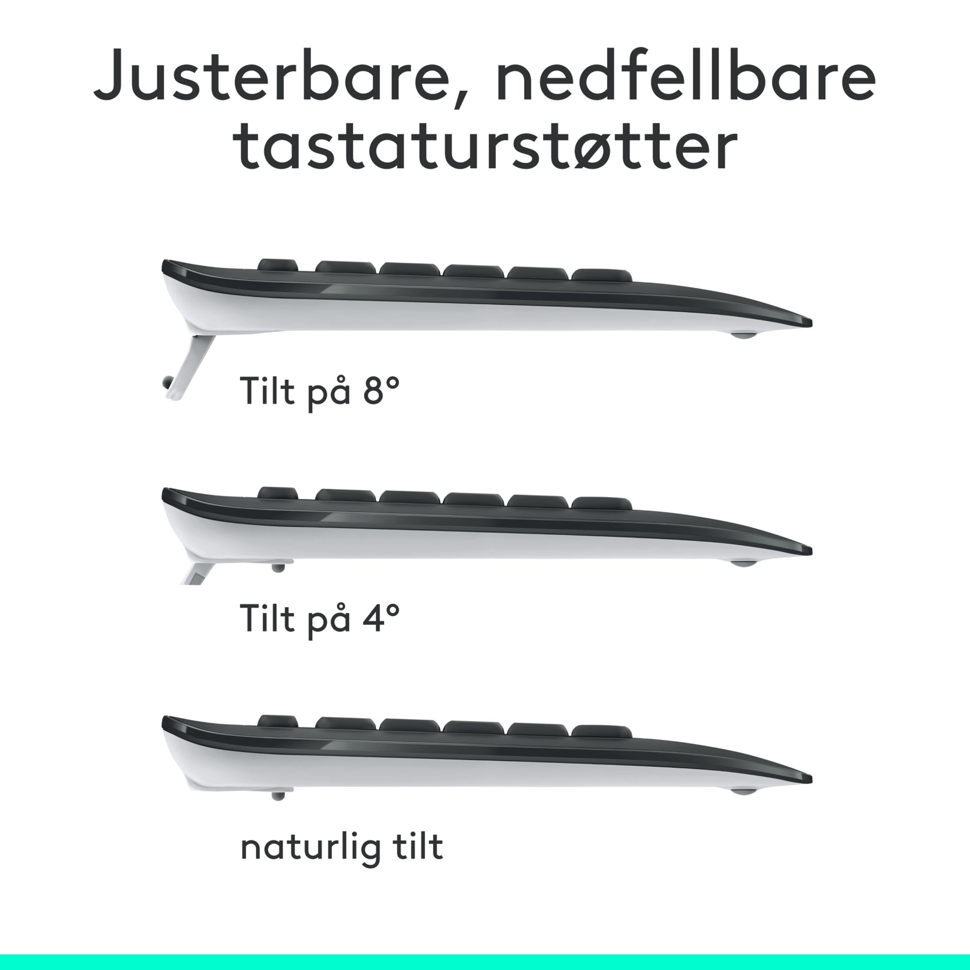 Logitech MK540 trådløst tastatur og mus, tre justerbare tilt-vinkler 8°, 4° og neutral, ergonomisk håndledsstøtte, norsk tekst.