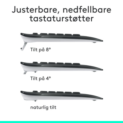 Logitech MK540 trådløst tastatur og mus, tre justerbare tilt-vinkler 8°, 4° og neutral, ergonomisk håndledsstøtte, norsk tekst.