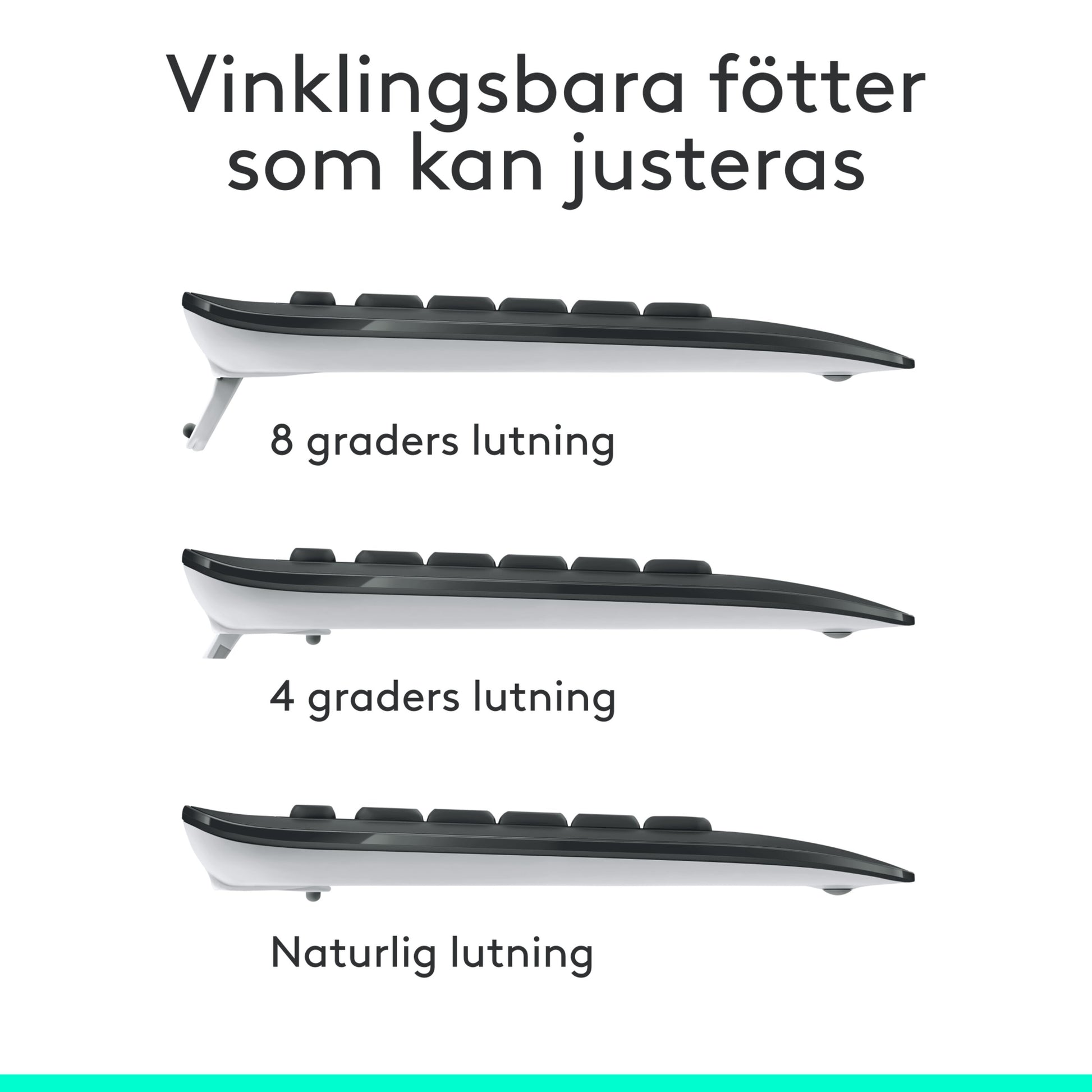 Logitech MK540 trådløst tastatur og mus med justerbare fødder til 8°, 4° eller fladt, svensk tekst: Vinklingsbara fötter.