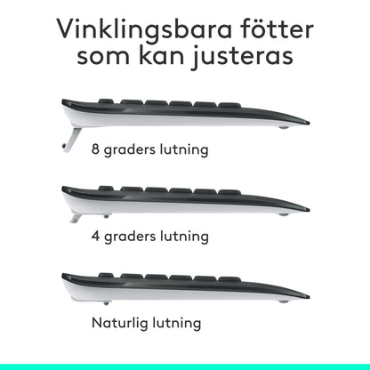 Logitech MK540 trådløst tastatur og mus med justerbare fødder til 8°, 4° eller fladt, svensk tekst: Vinklingsbara fötter.