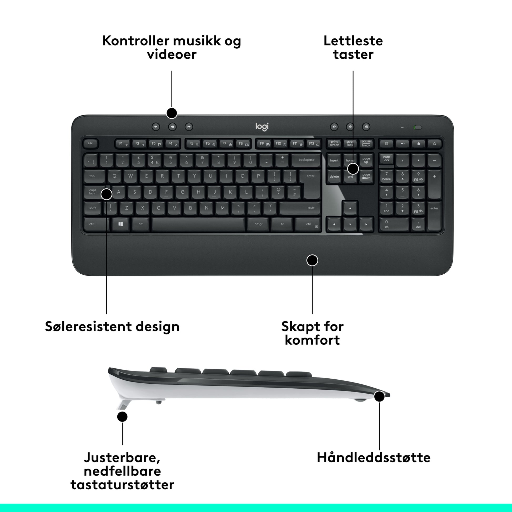 Logitech MK540 trådløst tastatur og mus sort, norske taster, medieknapper, justerbare ben, håndledsstøtte.