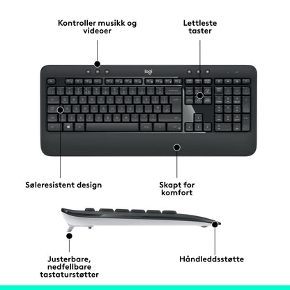 Logitech MK540 trådløst tastatur og mus sort, norske taster, medieknapper, justerbare ben, håndledsstøtte.