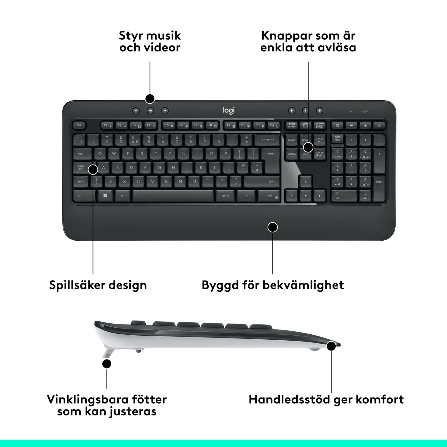 Logitech MK540 trådløst tastatur og mus, sort, tydelige knapper, svensk tekst om musikstyring og ergonomi.