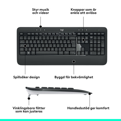 Logitech MK540 trådløst tastatur og mus, sort, tydelige knapper, svensk tekst om musikstyring og ergonomi.