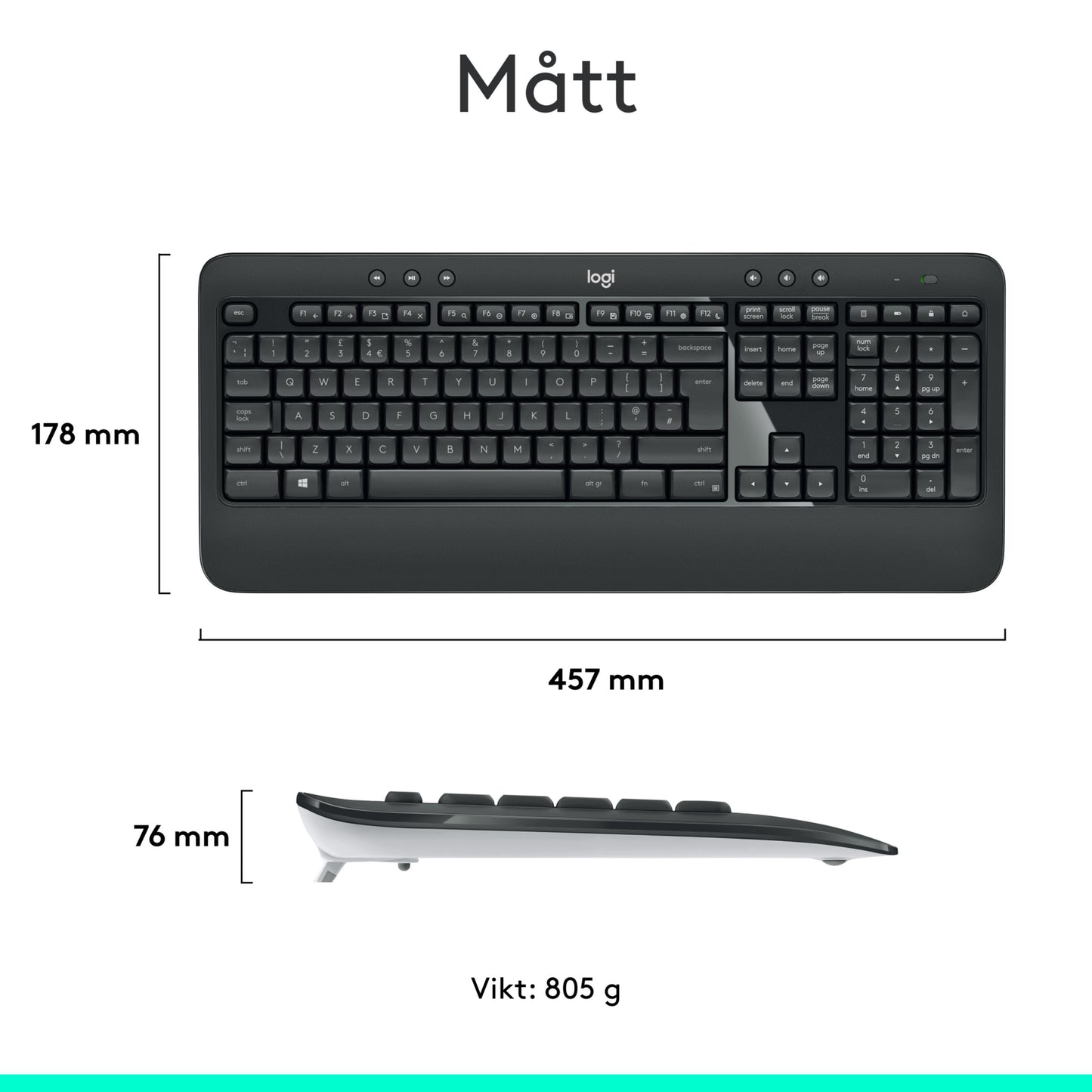 Logitech MK540 trådløst tastatur og mus i sort set fra ovn og side, mål 457x178x76 mm, vægt 805 g, håndledsstøtte.