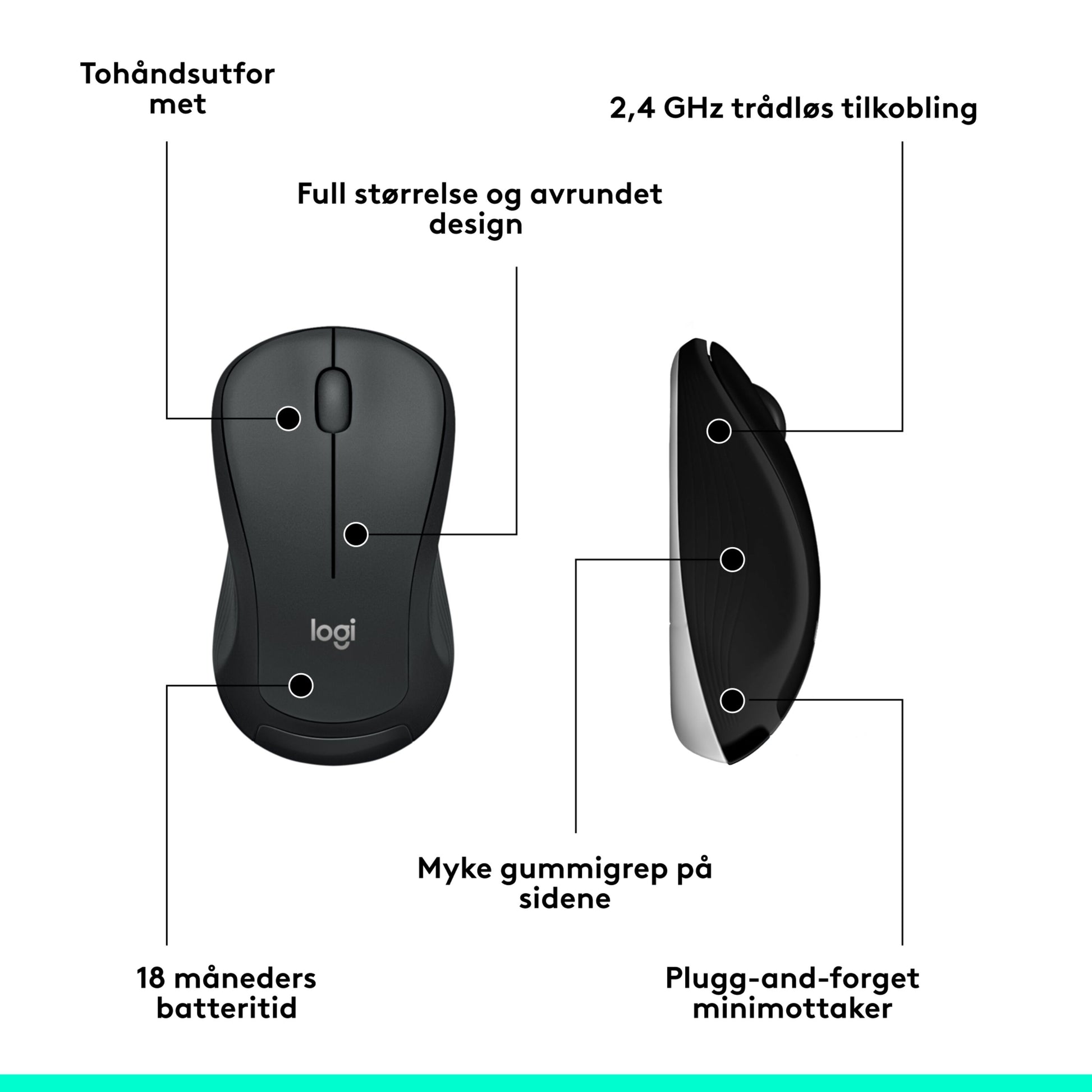 Logitech MK540 trådløst tastatur og mus sort, logi-logo, set ovenfra/side, mus m. trådløs modtager, gummigreb, håndledsstøtte.