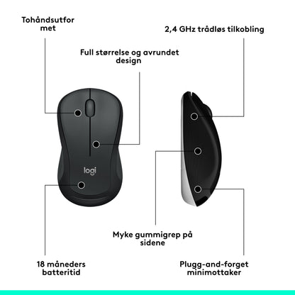 Logitech MK540 trådløst tastatur og mus sort, logi-logo, set ovenfra/side, mus m. trådløs modtager, gummigreb, håndledsstøtte.