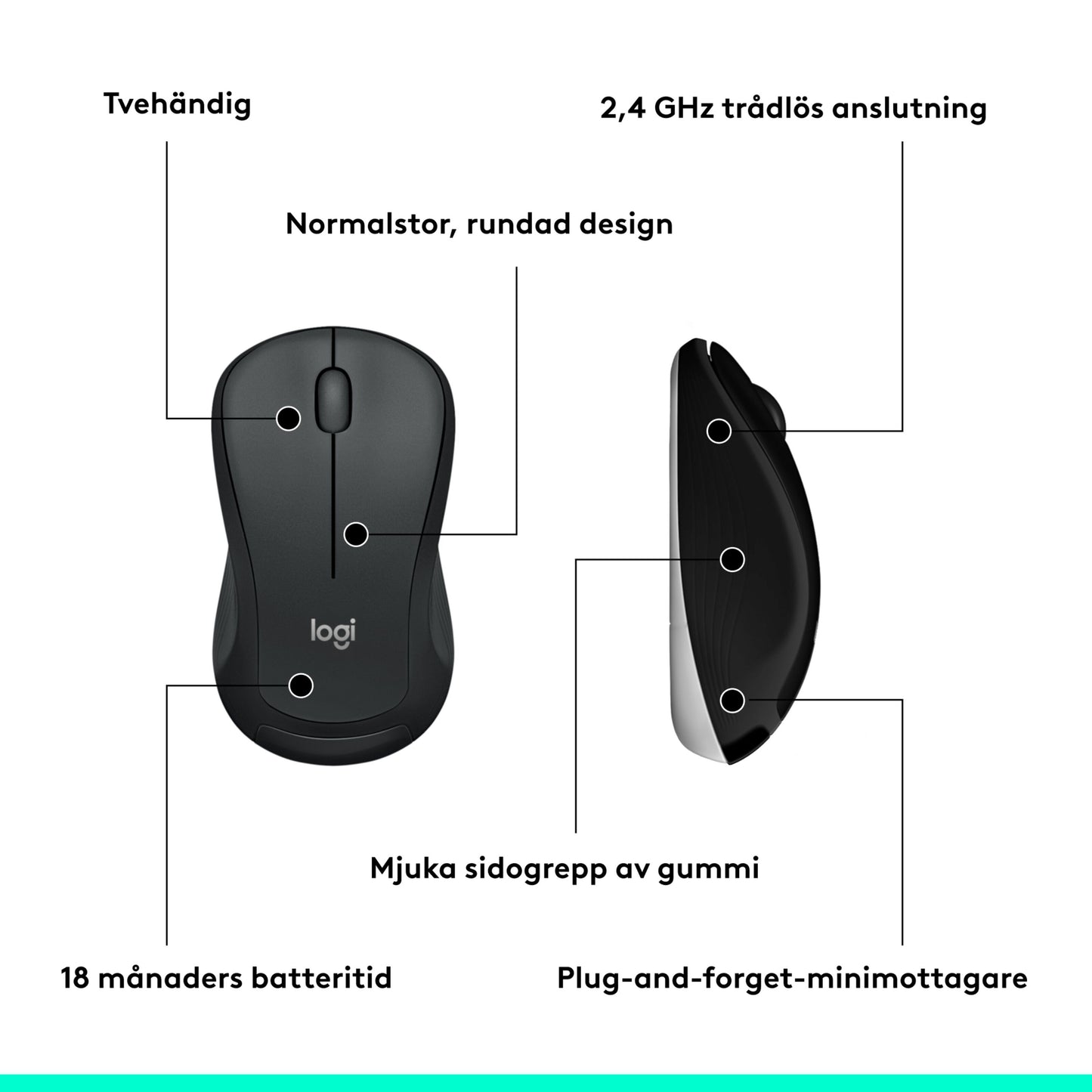 Logitech sort trådløs mus med svensk etiket, 2,4 GHz forbindelse, tohånds brug, gummigreb og lang batteritid.