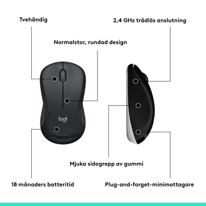 Logitech sort trådløs mus med svensk etiket, 2,4 GHz forbindelse, tohånds brug, gummigreb og lang batteritid.