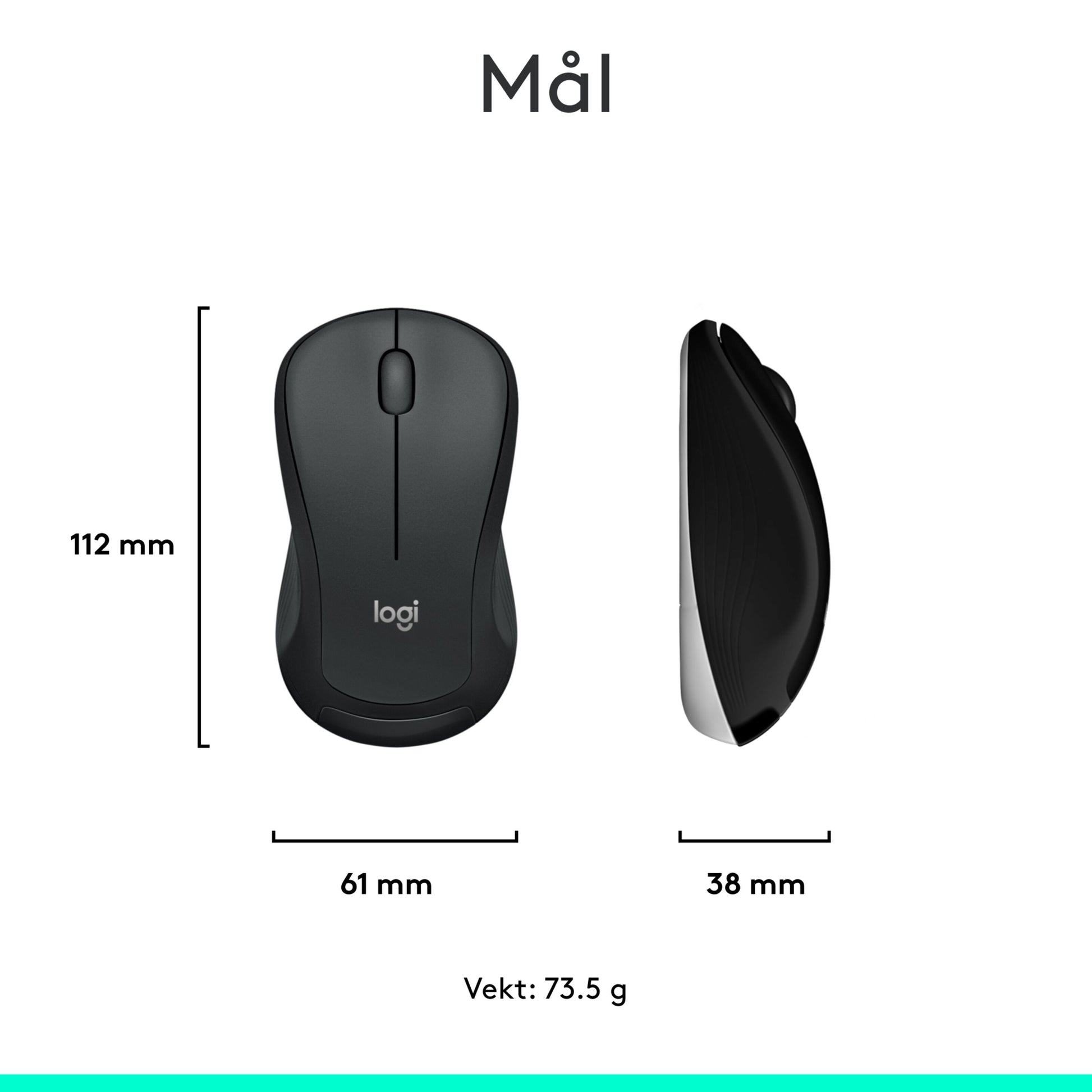Logitech sort trådløs mus ved siden af MK540 tastatur, 112x61x38 mm, vægt 73,5g.