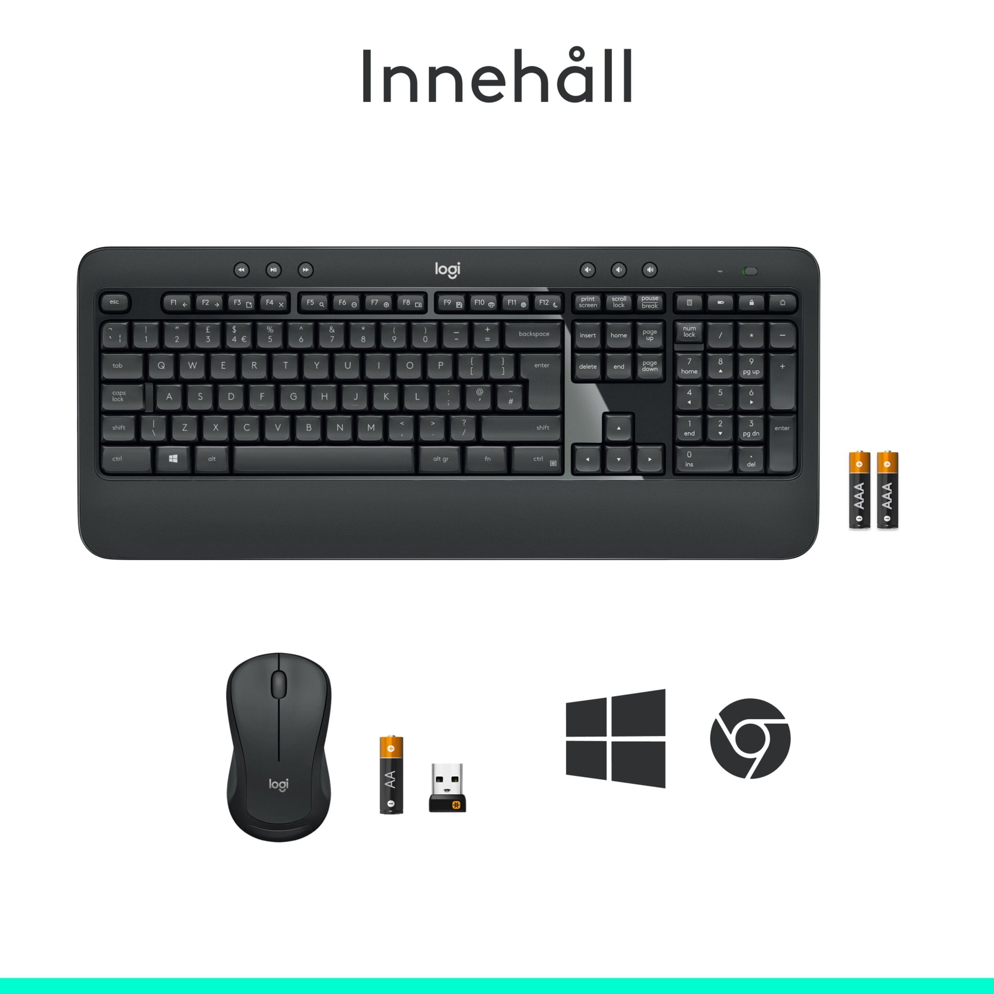 Logitech MK540 trådløst tastatur og mus med to batterier, USB-modtager, Windows- og Chrome-logoer, håndledsstøtte.
