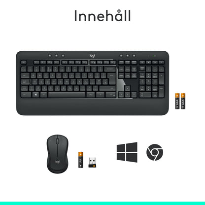 Logitech MK540 trådløst tastatur og mus med to batterier, USB-modtager, Windows- og Chrome-logoer, håndledsstøtte.