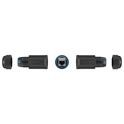STP-forbindelsesstik til Cat. 6-netværkskabler med separate endestykker, adskilt for at vise internt RJ45-hunstik.