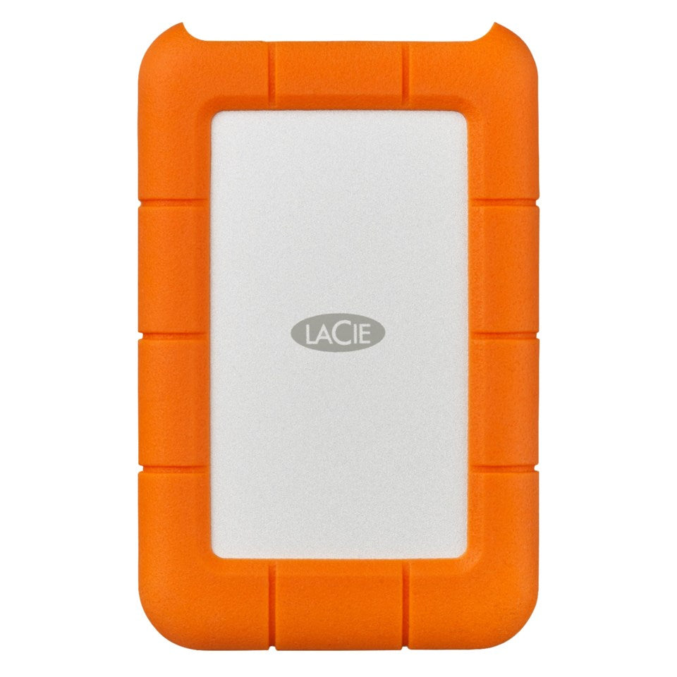 Lacie Robust ekstern harddisk 2TB sølv med orange gummikant og USB-C, set ovenfra.