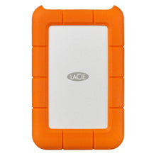 Lacie Robust ekstern harddisk 4 TB, sølv center, orange gummibeskytter, USB-C port, Lacie logo.