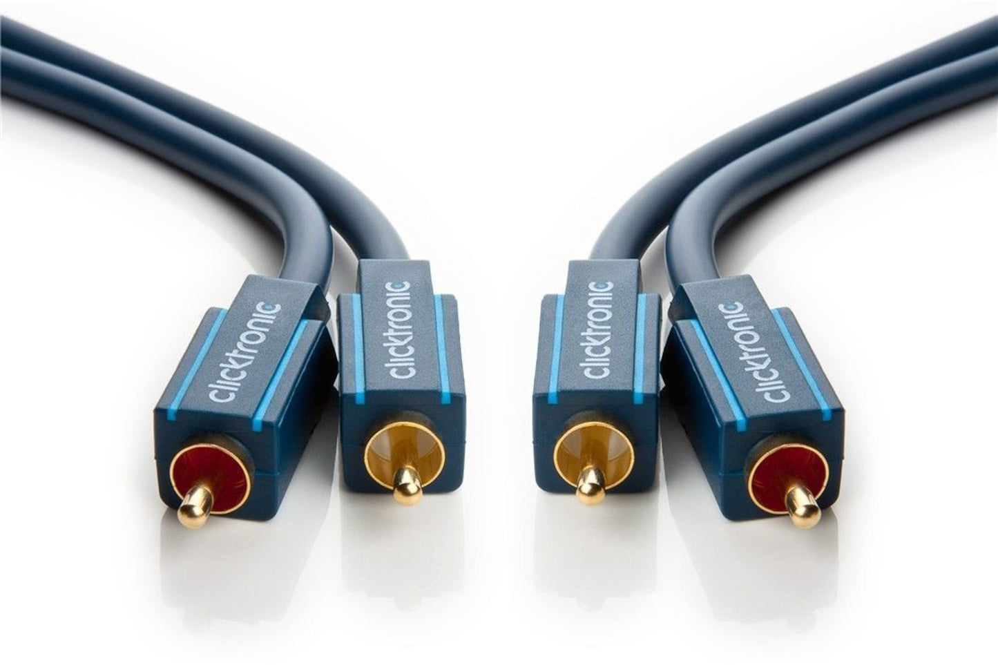 Stereo lydkabel 2x RCA 10 m, blå kappe og guldbelagte stik, til kabler ligger parallelt.