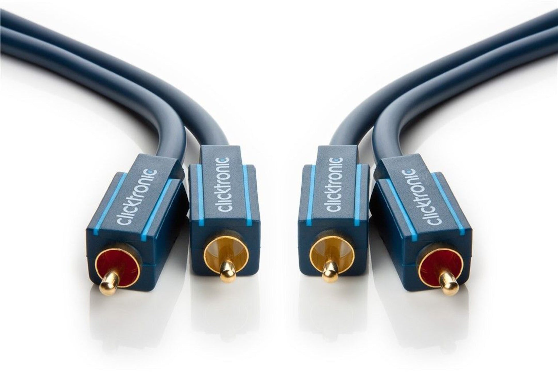 Stereo lydkabel 2x RCA 10 m, blå kappe og guldbelagte stik, til kabler ligger parallelt.
