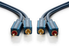 Stereo lydkabel 2x RCA 10 m, blå kappe og guldbelagte stik, til kabler ligger parallelt.