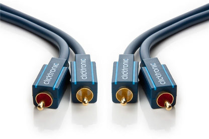 Stereo lydkabel 2x RCA 10 m, blå kappe og guldbelagte stik, til kabler ligger parallelt.