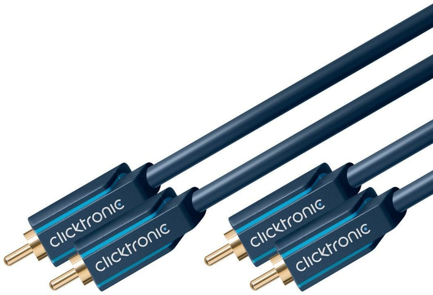 Clicktronic stereo lydkabel 2x RCA, 10 m, blå med guldbelagt stik og Clicktronic-logo, til kabler side om side.