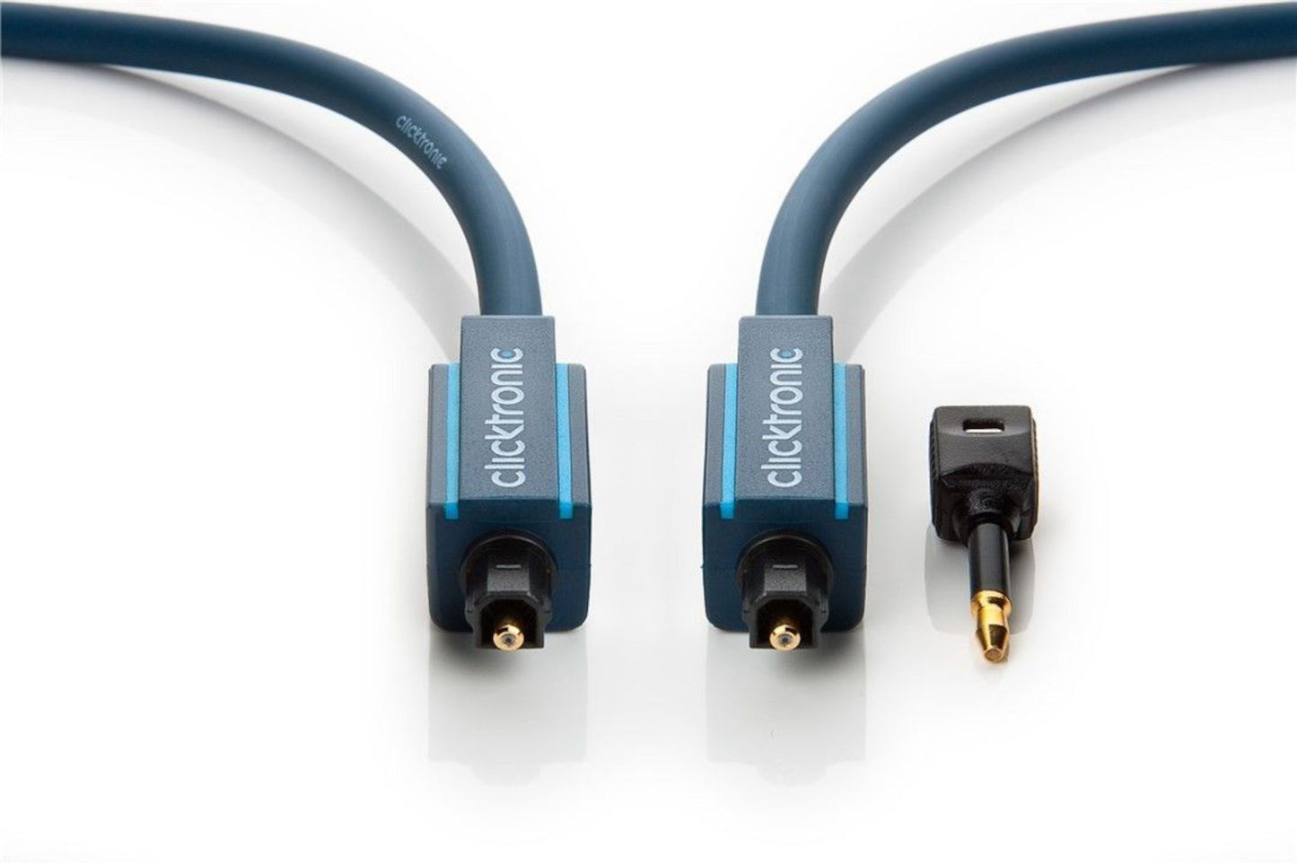 Clicktronic Toslink-kabel 1 m med to navyblå stik og guldbelagt 3,5 mm mini-TOSLINK-adapter.