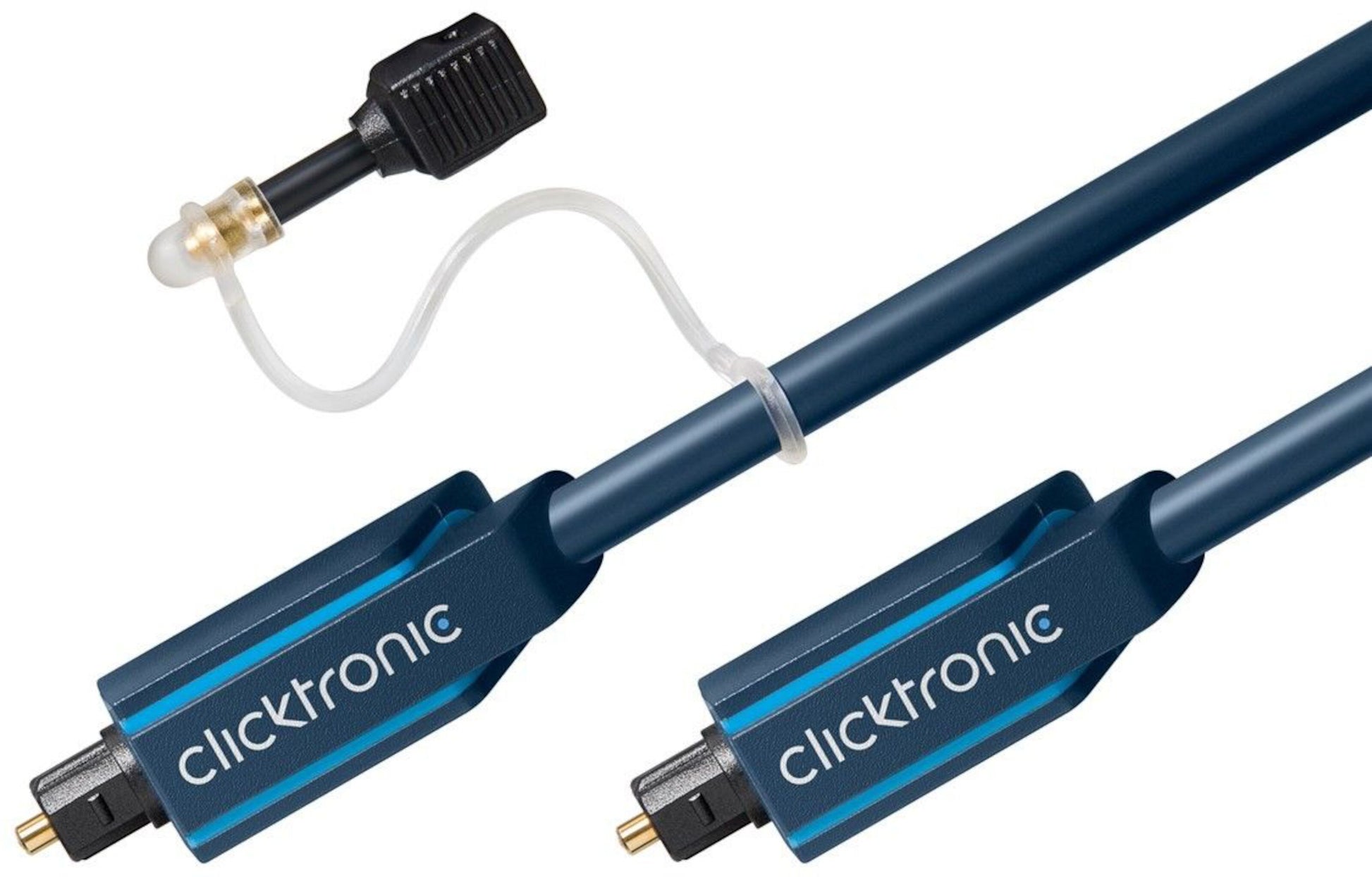 Clicktronic Toslink-kabel 2 m blå, guldstik, fleksibelt bånd mellem stik, løs beskyttelseshætte til optisk SPDIF-lyd.