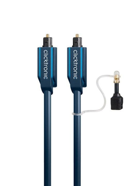 Clicktronic Toslink-kabel 1 m blå med guldbelagt stik, én med gennemsigtig beskyttelseshætte på klar snor.