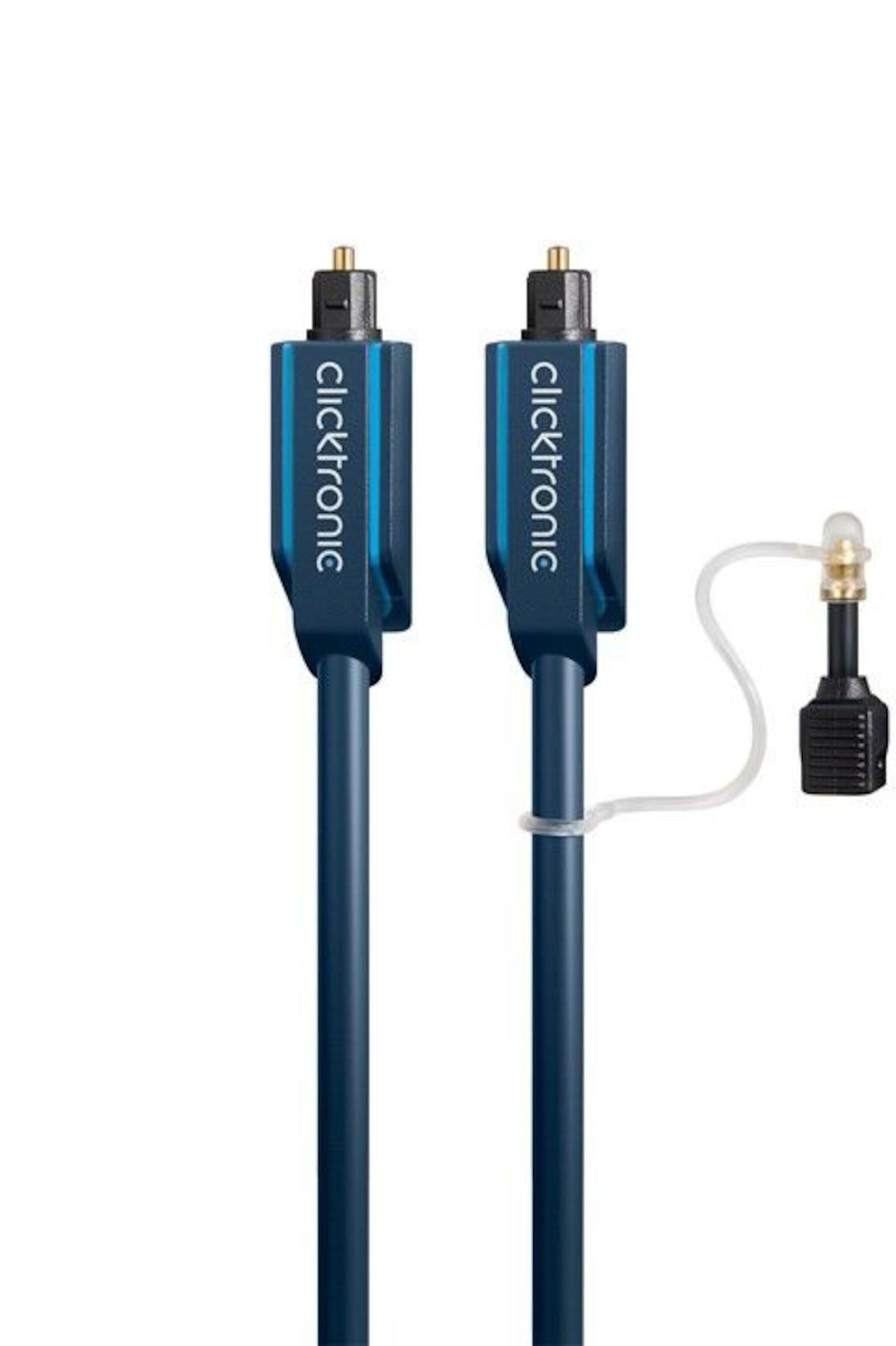 2 stk. blå Toslink-kabel 2m med guldpletterede stik, én connector med plastikhætte, inkl. Mini-Toslink-adapter.