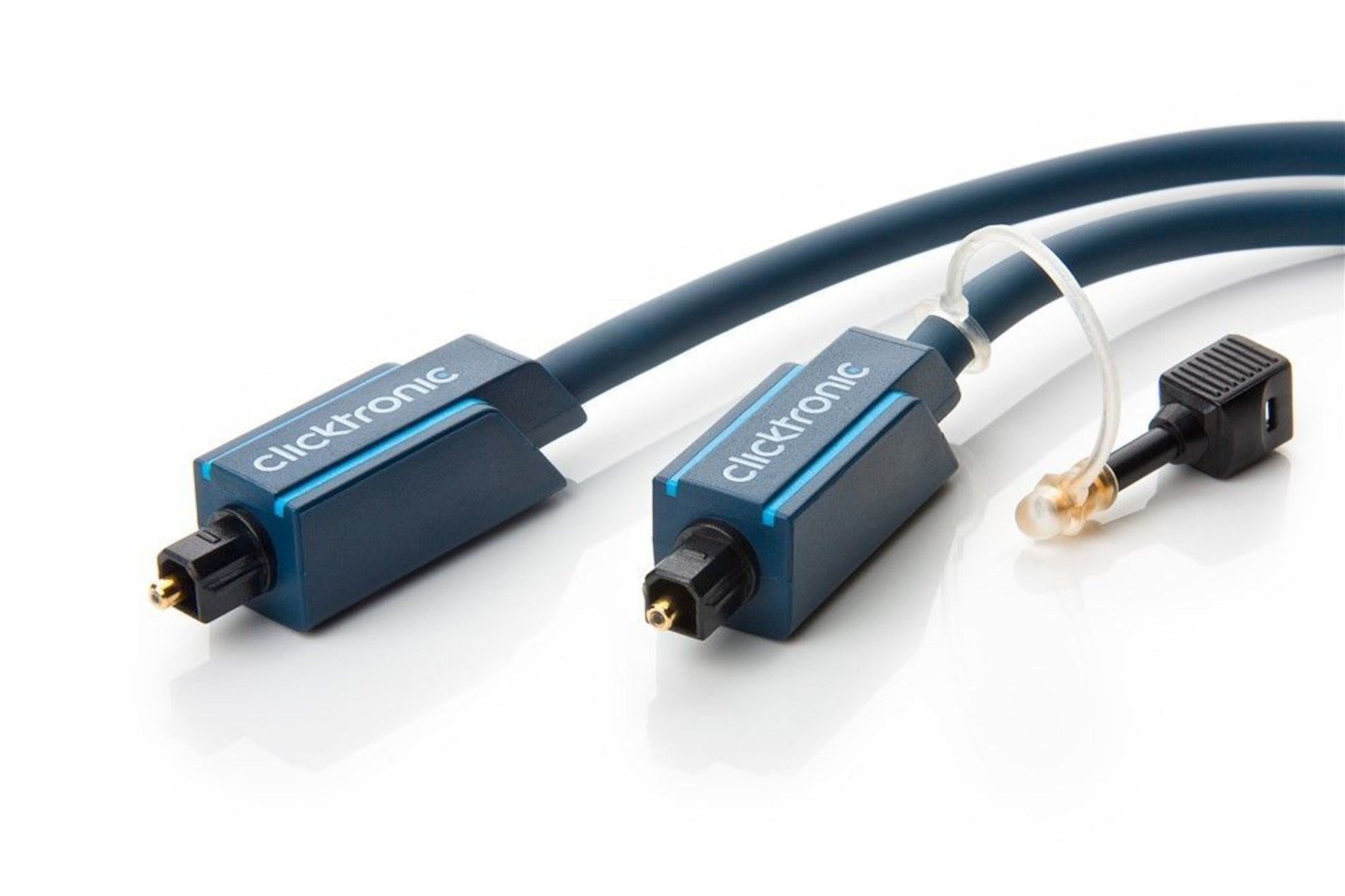 Clicktronic Toslink-kabler blå 2 m med sort Mini-Toslink-adapter og gennemsigtigt beskyttelsesdæksel.