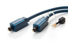 Clicktronic Toslink-kabler blå 2 m med sort Mini-Toslink-adapter og gennemsigtigt beskyttelsesdæksel.